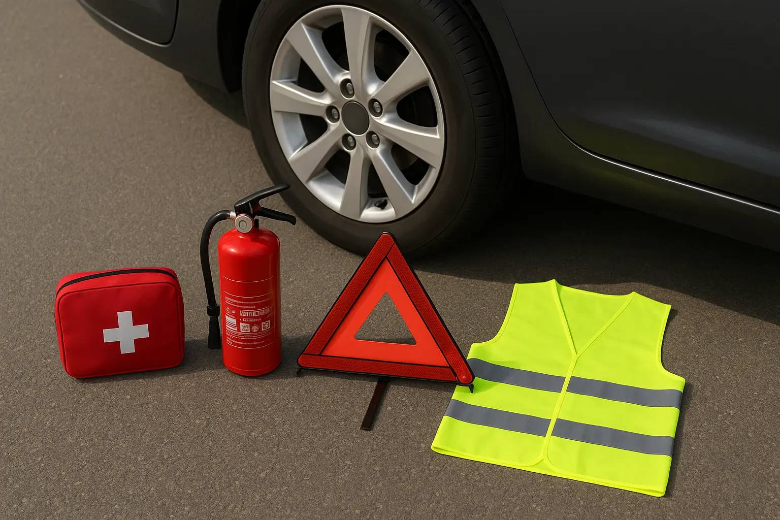 Акуратно розкладені на асфальті біля автомобіля: аптечка європейського зразка, вогнегасник, знак аварійної зупинки та яскравий світловідбивний жилет.